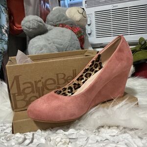 Bella Marie Coral Pink Suede Wedge Pumps - Leopard Liner